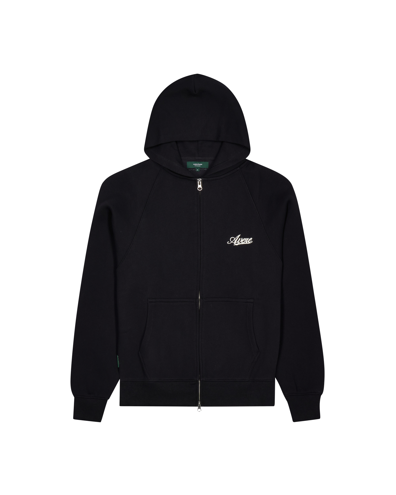 A black zip-up hoodie with a small white script logo on the left chest, displayed against a solid white background.