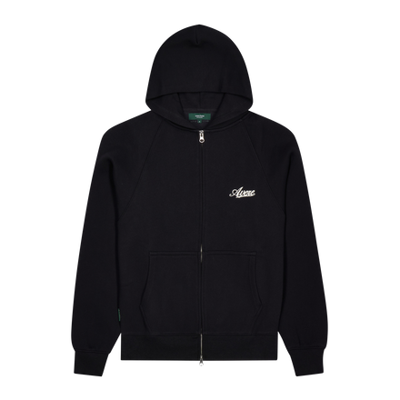 A black zip-up hoodie with a small white script logo on the left chest, displayed against a solid white background.